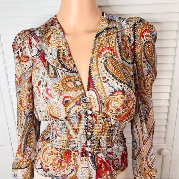 LINI Blue Multi Paisley V-Neck Long-Sleeve Blouse Size Extra Small - Picture 3 of 11
